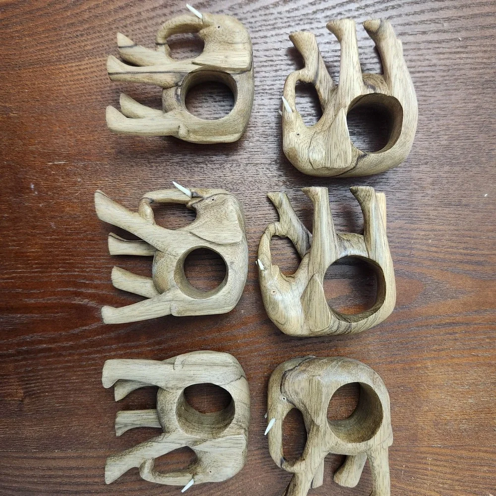 Vintage‎ standing wooden elephant napkin ring holders set of 6